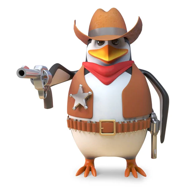 Sharpshooter xerife pinguim o cowboy desenhos animados visa sua arma com precisão mortal, ilustração 3d — Fotografia de Stock