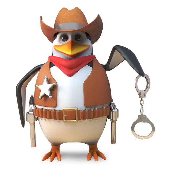 Honesto sheriff pingüino el valiente hombre de la ley vaquero sostiene sus esposas, 3d ilustración — Foto de Stock