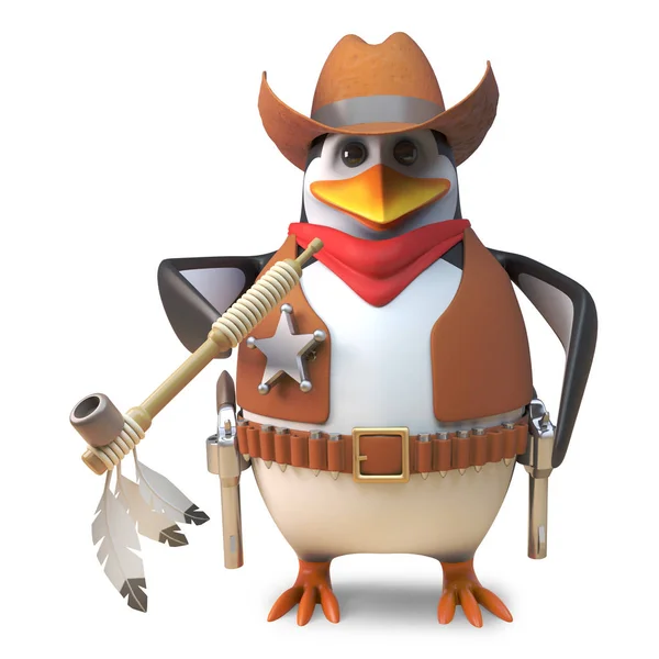 Bátor pingvin Sheriff a magányos cowboy dohányzik egy béke cső, 3D illusztráció — Stock Fotó