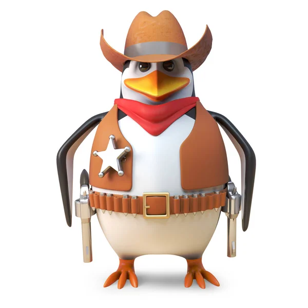 Calmo sceriffo pinguino il cowboy solitario è pronto a tutto, illustrazione 3d — Foto Stock