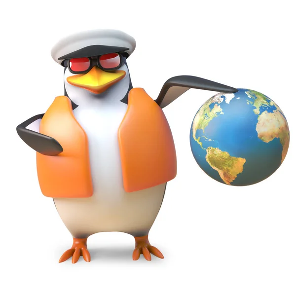 Tengeri yachtsman pingvin tengerész kalap és mentőmellény tartja a föld földgömb, 3D illusztráció — Stock Fotó