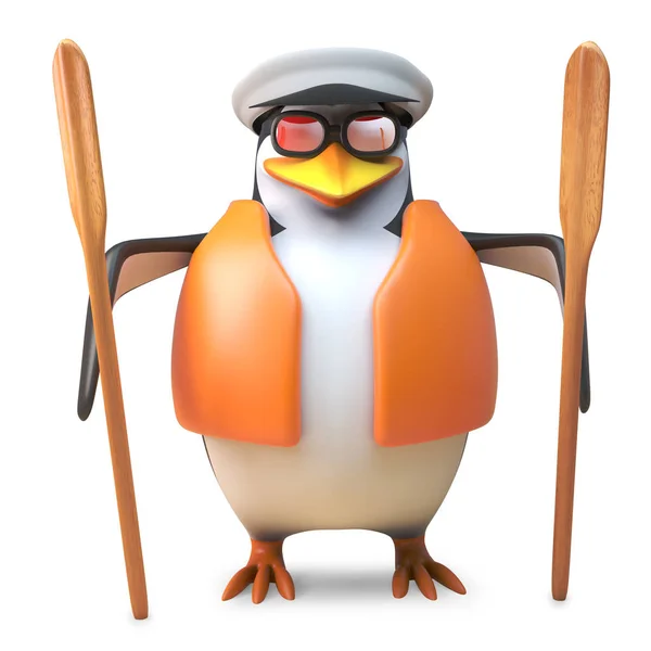 Pinguim marinheiro atrevido em capitães chapéu e colete salva-vidas segurando dois remos, ilustração 3d — Fotografia de Stock
