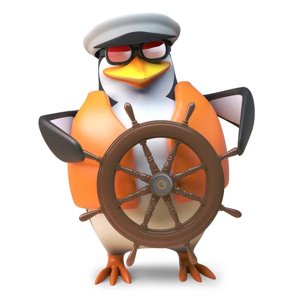 Skickliga Sailor Penguin i nautiska outfit styr hans skepp med lätthet, 3D-illustration — Stockfoto