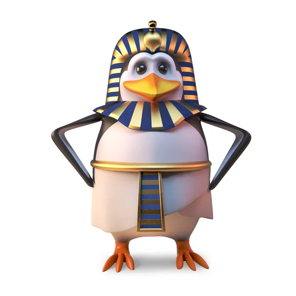 Oude pinguïn farao Tutankhamun staat vorstelijk met handen op heupen, 3D-illustratie — Stockfoto