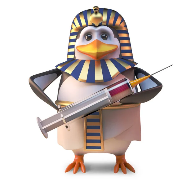 Cool antik penguen firavun penguen Tutankhamun bir şırınga tutan, 3d illüstrasyon — Stok fotoğraf