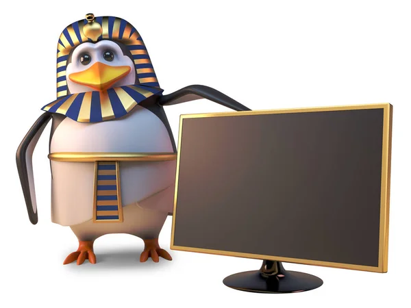 Penguin Farao Tutankhamun är nöjd med den senaste widescreen High Definition guld-TV, 3D illustration — Stockfoto