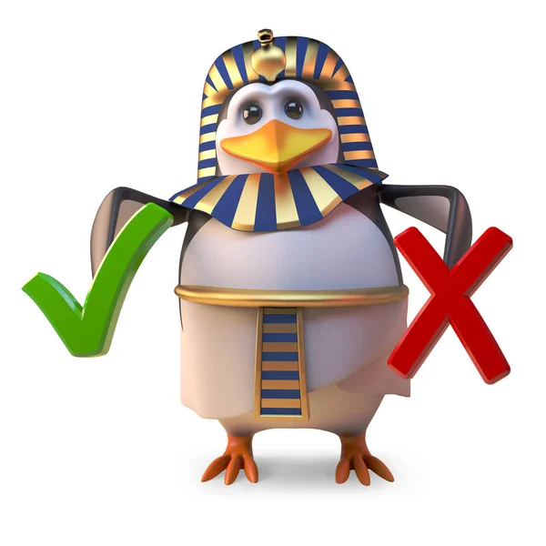 Pingvin fáraó Tutankhamun kell választani között egy kullancs és egy kereszt, 3D illusztráció — Stock Fotó