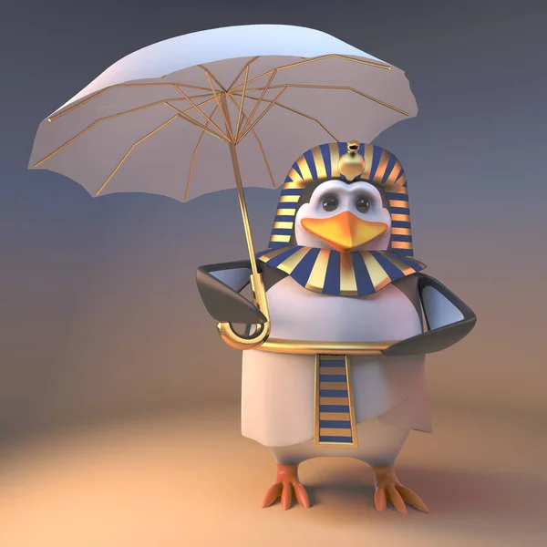 Regal Penguin Farao Tutankhamun skyddsrum från solen under ett gyllene paraply, 3D illustration — Stockfoto