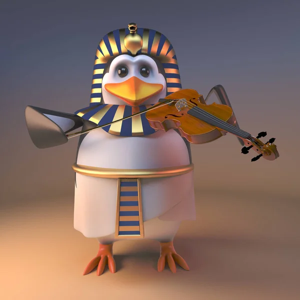 Faraó musical pinguim Tutankhamon tocando música em um violino, ilustração 3d — Fotografia de Stock