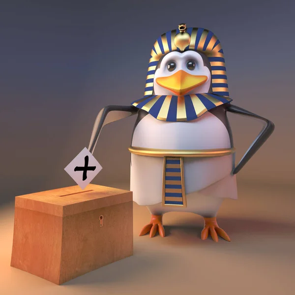 Demokratisk Farao Penguin Tutankhamun röster i kommunalvalet, 3D illustration — Stockfoto