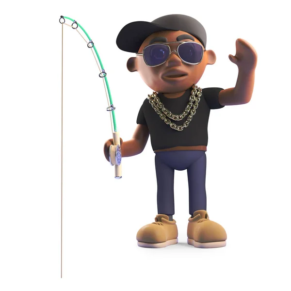 Black hiphop rapper in baseball cap with fishing rod and waving, 3d illustration — Stock Photo, Image