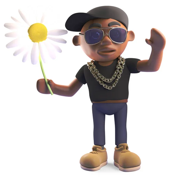 3d 卡通黑色嘻哈说唱歌手在棒球帽拿着雏菊花，3d 插图 — 图库照片