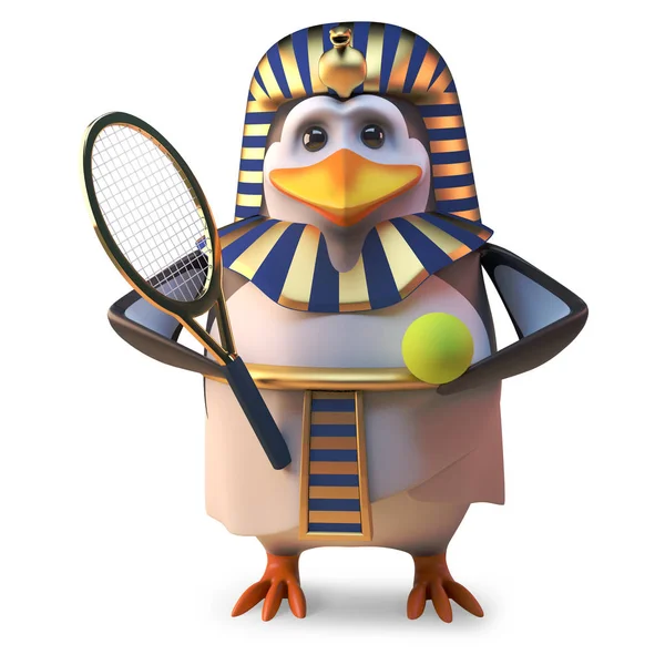 Ο δραστήριος πιγκουίνος Φαραώ Τουτανκαμούν παίζει τένις όλη την ώρα, 3D εικονογράφηση — Φωτογραφία Αρχείου