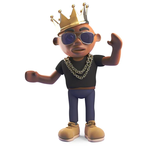 Champion black hiphop rapper in a royal gold crown, 3d illustration — Stock Photo, Image