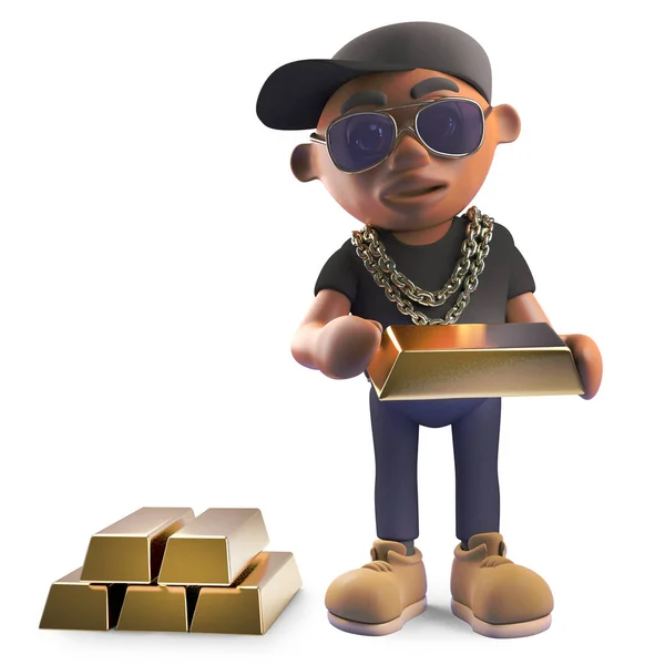 Богатый чёрный хип-хоп рэпер в бейсболке, считая слитки золота, 3d иллюстрация — стоковое фото