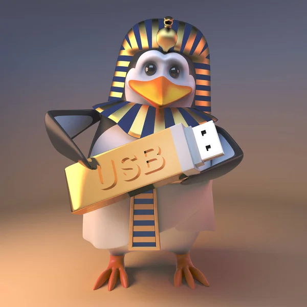 Royal Penguin Farao Tutankhamun innehar en gyllene USB-minne minnessticka, 3D illustration — Stockfoto
