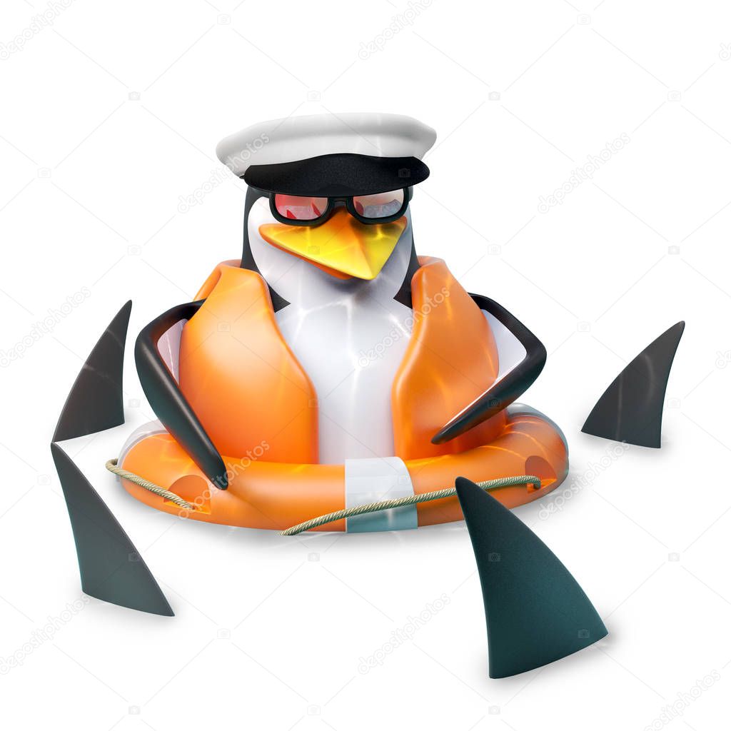 Poor floating sailor penguin in sailors hat is floating amidst a shoal of sharks, 3d illustration