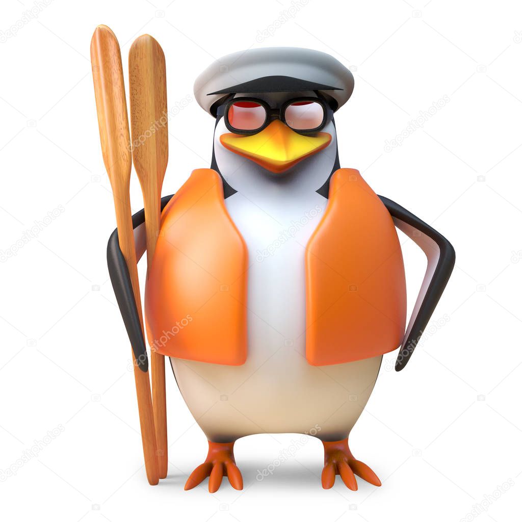 Nautical penguin sailor in sailor hat and lifejacket holds a pair of oars, 3d illustration