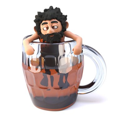 Drunk 3d caveman climbs out of a glass pint of beer ale, 3d illustration clipart