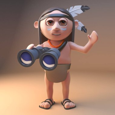 Onun dürbün, 3d illüstrasyon bakarken Dostu yerli Amerikan Hint dalgaları merhaba