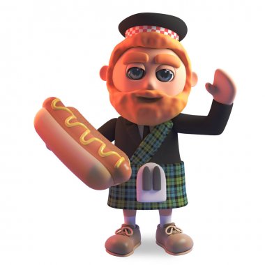 Geleneksel kilt lezzetli bir hotdog, 3d illüstrasyon yeme Hungry İskoç adam