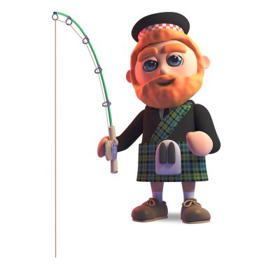 Geleneksel kilt balıkçılık Rahat İskoç adam, 3d illüstrasyon