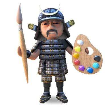 Karikatür Japon samuray savaşçı bir paintbrush ve palet, 3d illüstrasyon tutan