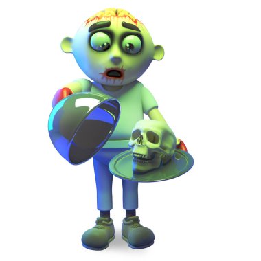 Debonair undead zombi canavar gümüş bir tabak, 3d illüstrasyon bir kafatası hizmet vermektedir