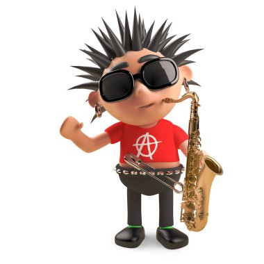 Dikenli saçlı müzikal punk rockçı bir saksafon, 3d illüstrasyon ile caz gider