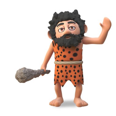 Aptal karikatür 3d mağara adamı hayvan hayvan sallayarak merhaba ve barbar bir kulüp taşıyan, 3d illüstrasyon