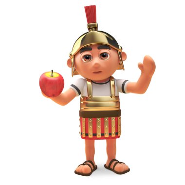 Karikatür Roma centurion asker sağlıklı bir elma, 3d illüstrasyon yeme sahiptir