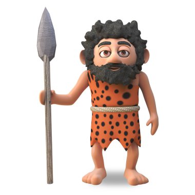 Aptal caveman 3d çizgi film karakteri ele ilkel mızrak ile hala ayakta, 3d illüstrasyon