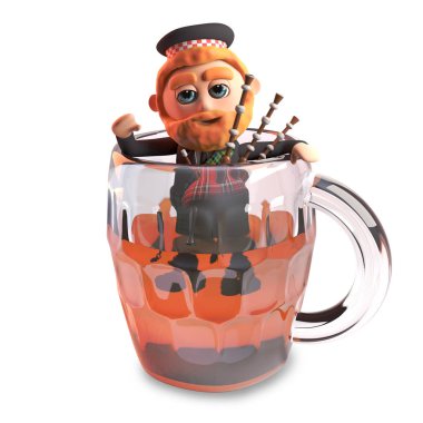 3d cartoon funny Scottish man with red beard and tartan kilt climbs out of a pint of beer with his bagpipes, 3d illustration clipart