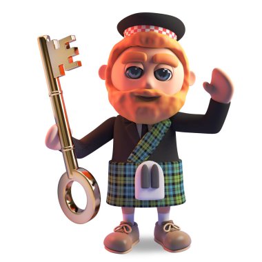 Komik karikatür kırmızı sakallı ve tartan kilt altın bir anahtar tutan İskoç adam 3d, 3d illüstrasyon