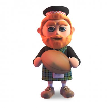 Geleneksel kilt İskoç adam bir deri rugby topu tutan, 3d illüstrasyon