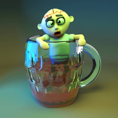 Hungover zombie monster climbing out of a giant pint of beer, 3d illustration clipart