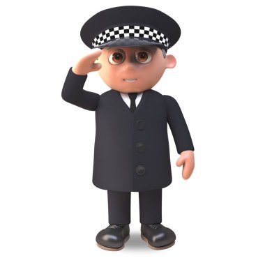 3d karikatür polis memuru üniforma gelirleri içinde görev selamlamak için, 3d illüstrasyon