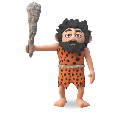 Aptal caveman 3d çizgi film karakteri şiddet için onun acımasız kulüp yükseltir, 3d illüstrasyon