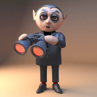 Infra kırmızı dürbün, 3d illüstrasyon bir çift kullanarak Vampir dracula 3d çizgi film karakteri