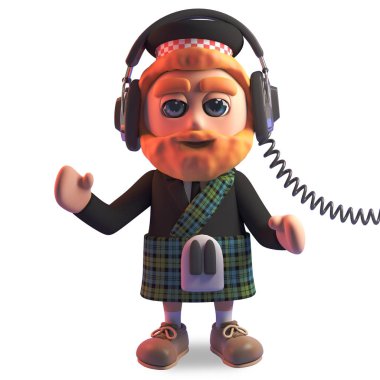 Onun kulaklık, 3d illüstrasyon müzik dinlerken geleneksel kilt Rahat İskoç adam