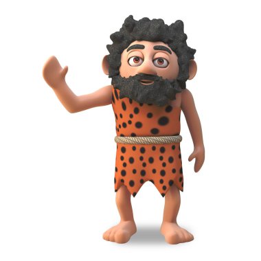 Zararsız caveman 3d çizgi film karakteri dalgalar dostça sağ el, 3d illüstrasyon