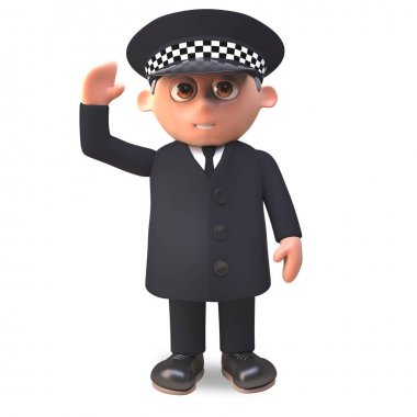 Bir gülümseme ile görev dalgaları üzerinde üniforma lı Dostu 3d karikatür polis memuru, 3d illüstrasyon