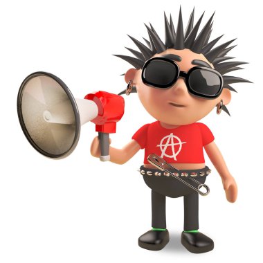 Gürültülü punk rocker bir güçlendirilmiş megafon, 3d illüstrasyon ile konuşuyor