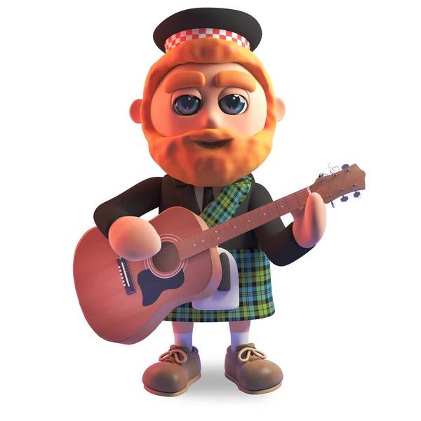 Musical Sottish homem em kilt tocando um aço amarrado guitarra acústica, ilustração 3d — Fotografia de Stock