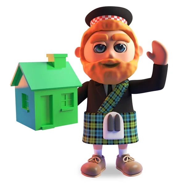 Счастливый шотландский мужчина в традиционной кепке держит небольшой зеленый домик, 3d иллюстрация — стоковое фото