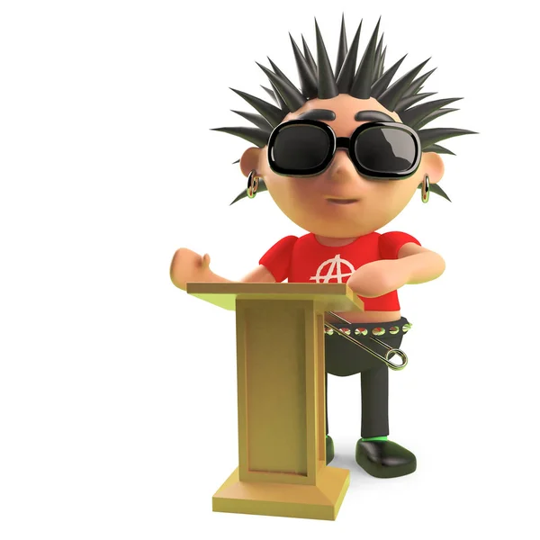 Sprytna postać punk rocka z wykładami spiczasty Hair z lectern, ilustracja 3D — Zdjęcie stockowe