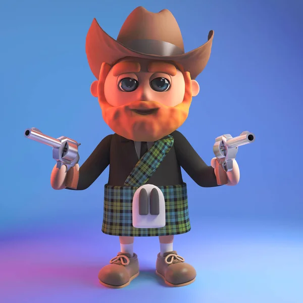 Cartoon Schotse man in kilt dragen van een cowboy Stetson hoed en het houden van twee geweren, 3D illustratie — Stockfoto