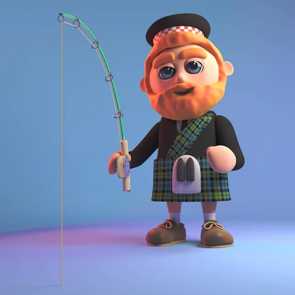 Мультфильм Шотландский человек с рыжей бородой и килт рыбалка с удочкой, 3d иллюстрации — стоковое фото