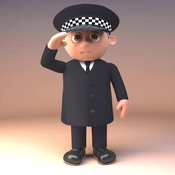 3D Cartoon policjant na służbie w mundurze stoi do uwagi i salutes, ilustracja 3D — Zdjęcie stockowe