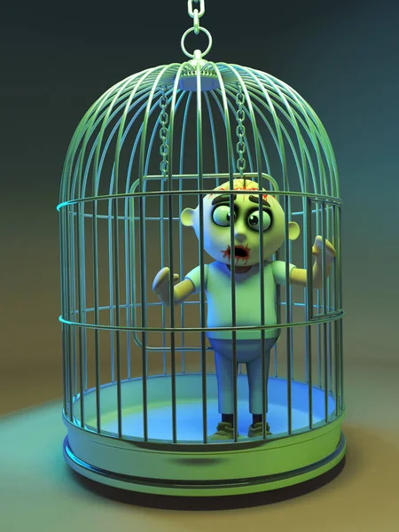 Lustige 3D-Cartoon-Untote Zombie-Monster hinter Gittern in einem Vogelkäfig gefangen, 3D-Illustration — Stockfoto